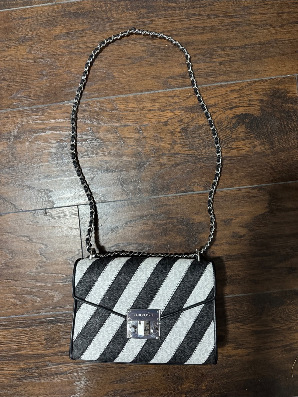 Michael Kors Black and White Diagonal Stripe Crossbody Bag